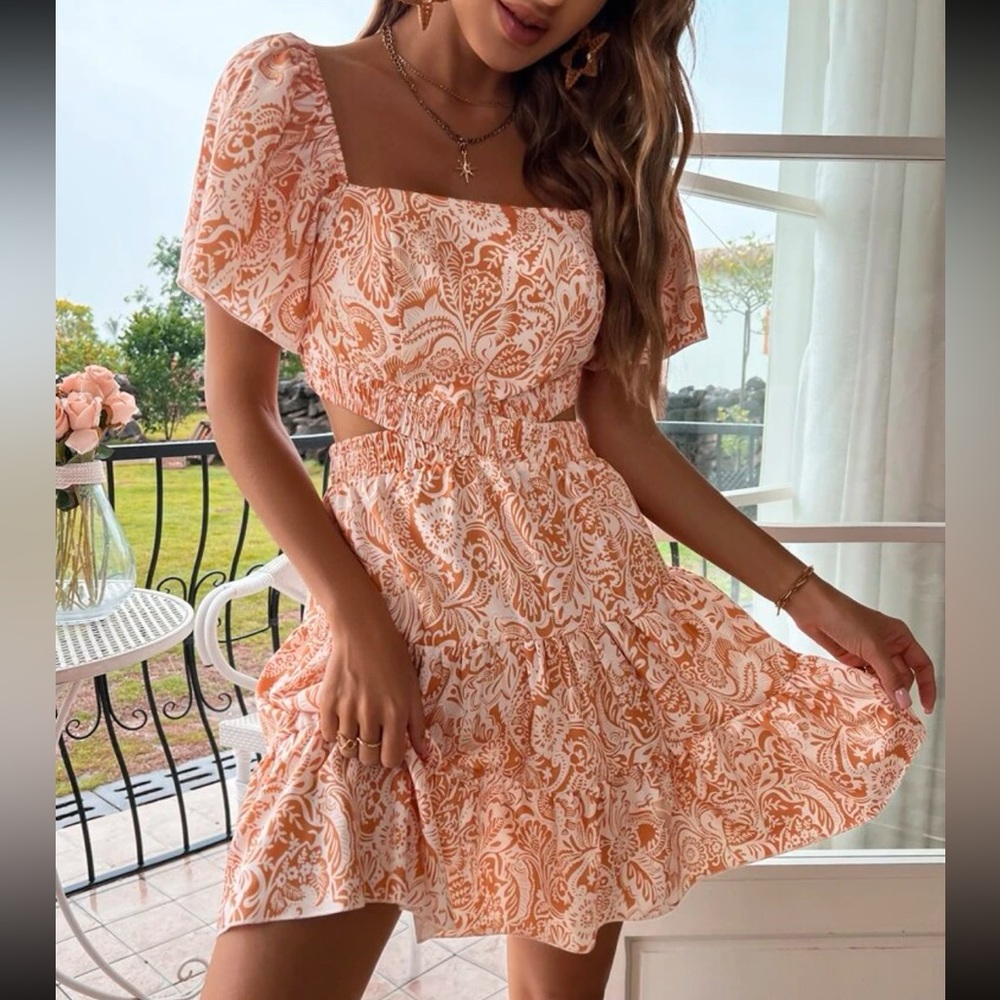 Print Cut Out Ruffle Hem Dress
